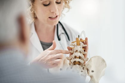Chiropractor explaining her diagnosis to a male patient using a model skeleton