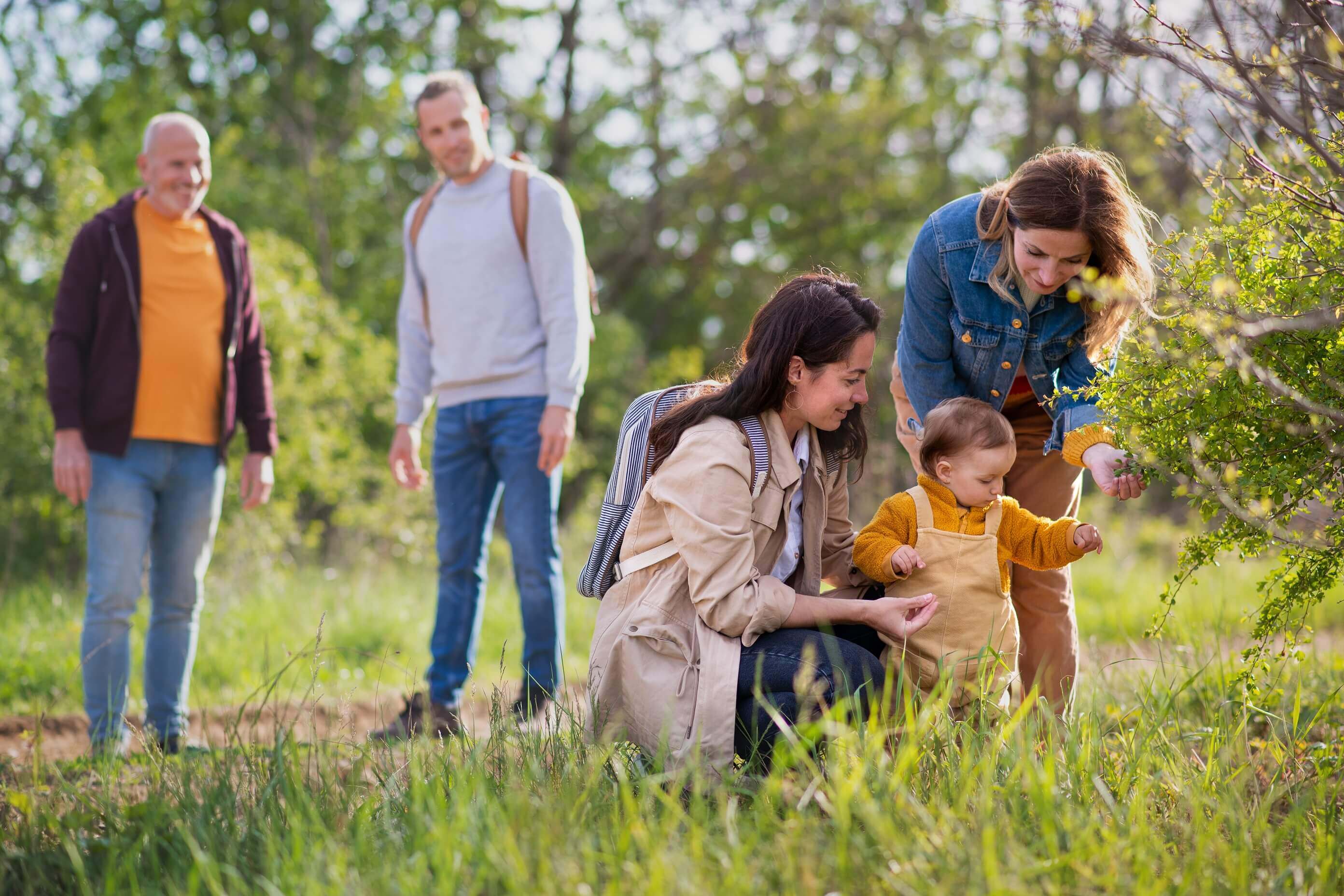 small toddler with parents and grandparents on a walk